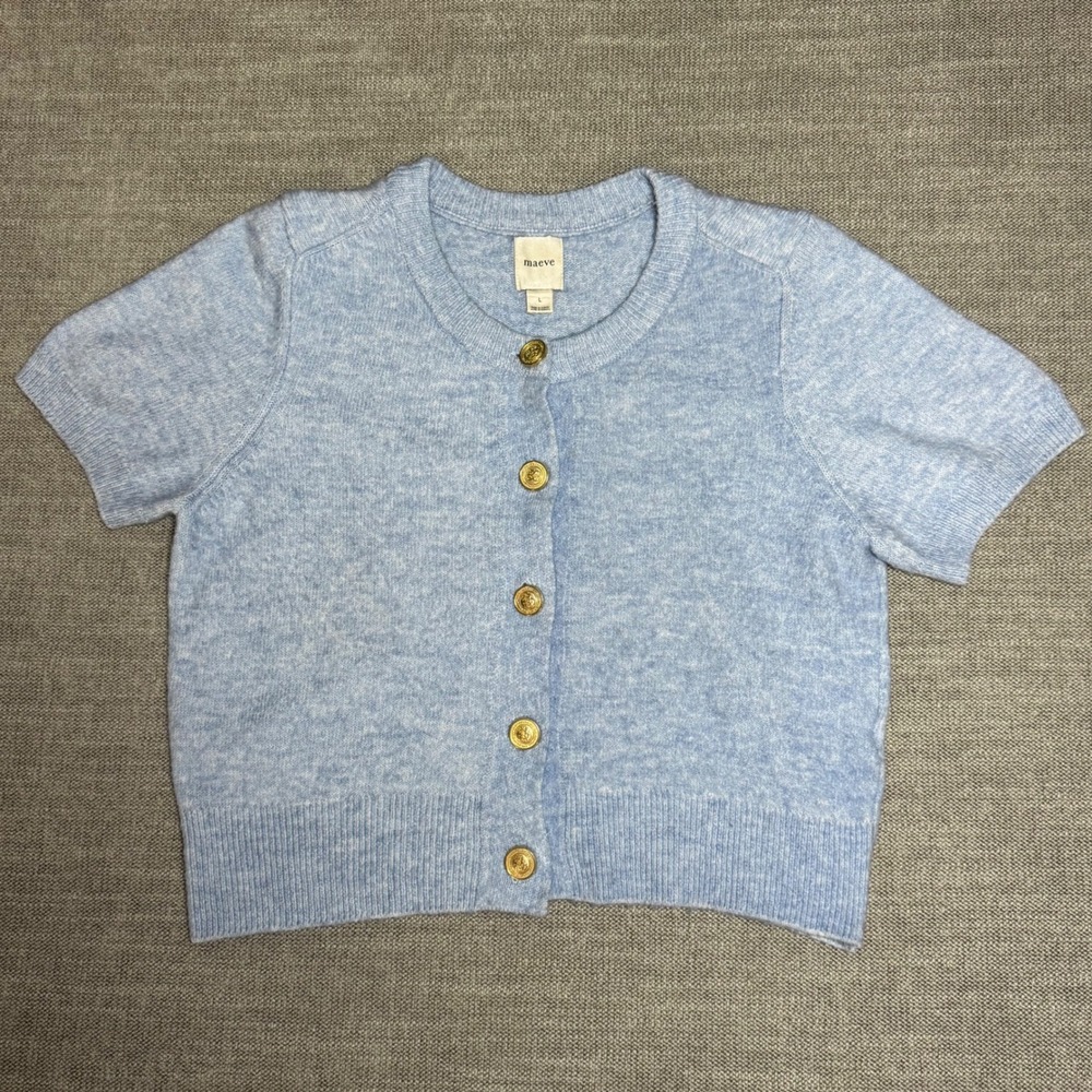 Maeve Anthropologie Cardigan Sweater L Baby Blue Gold Crest Button Short Sleeve